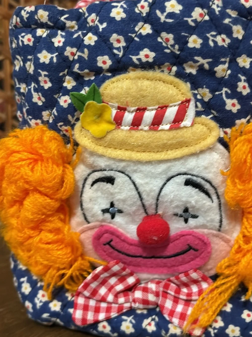 Russ Navy Floral Clown Tote with Orange Pom-Poms
